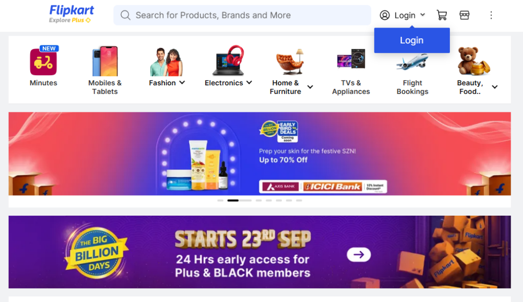 Flipkart（フリップカート）のトップページ