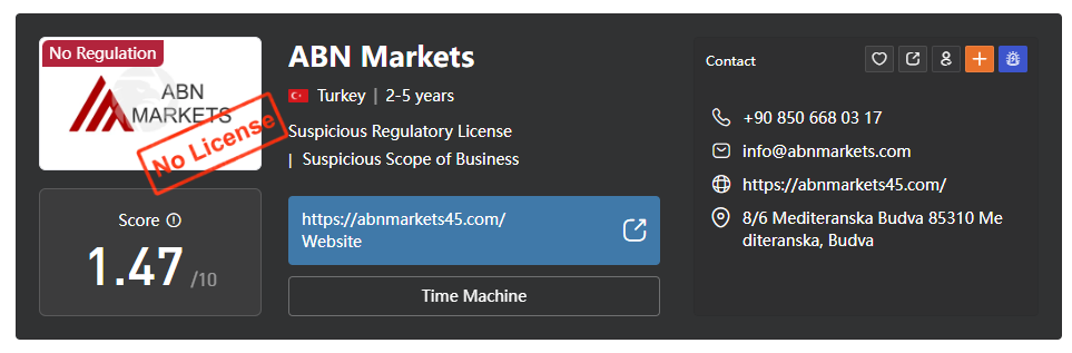 WikiFXでABN Marketsを疑わしいライセンスと判断している