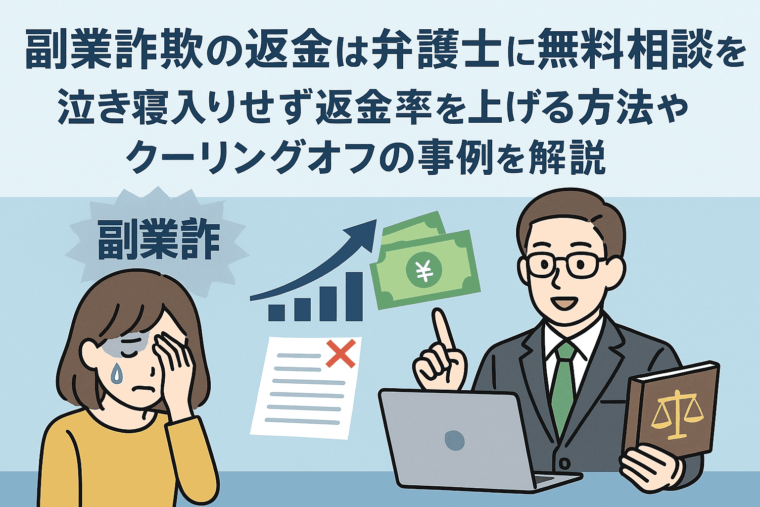 副業詐欺の返金は弁護士に無料相談を！泣き寝入りせず返金率を上げる方法やクーリングオフの事例を解説
